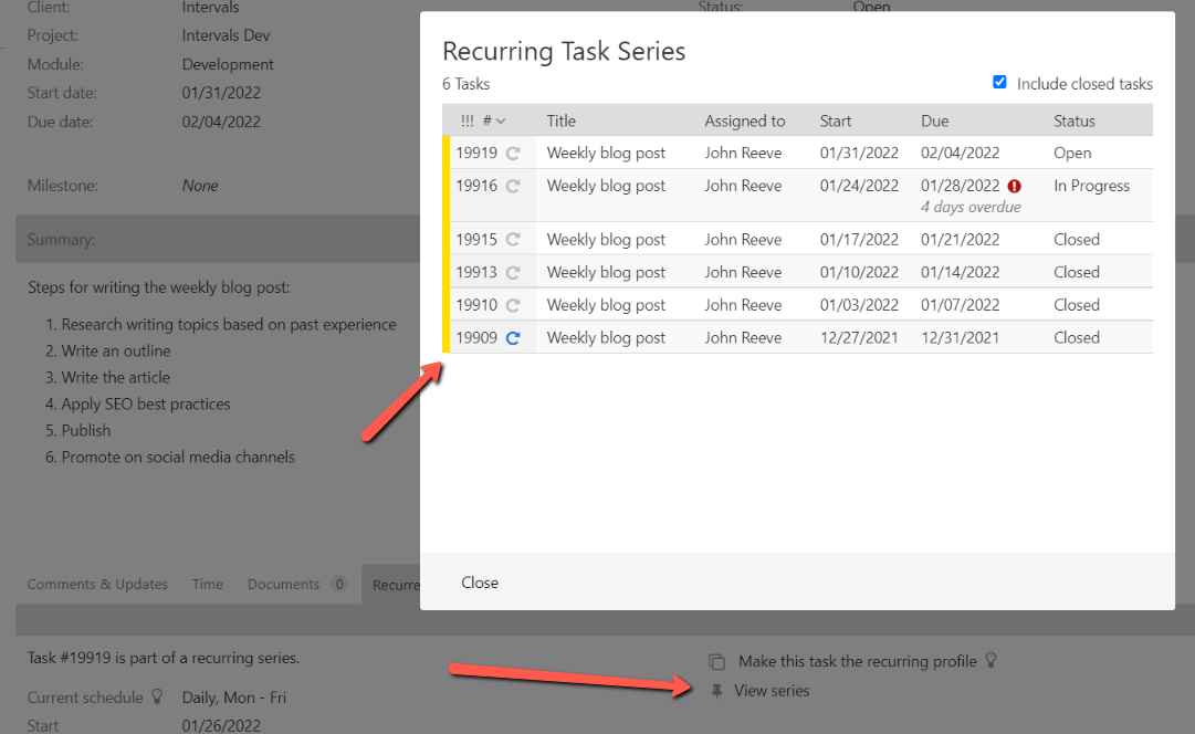 Manage tasks in the series